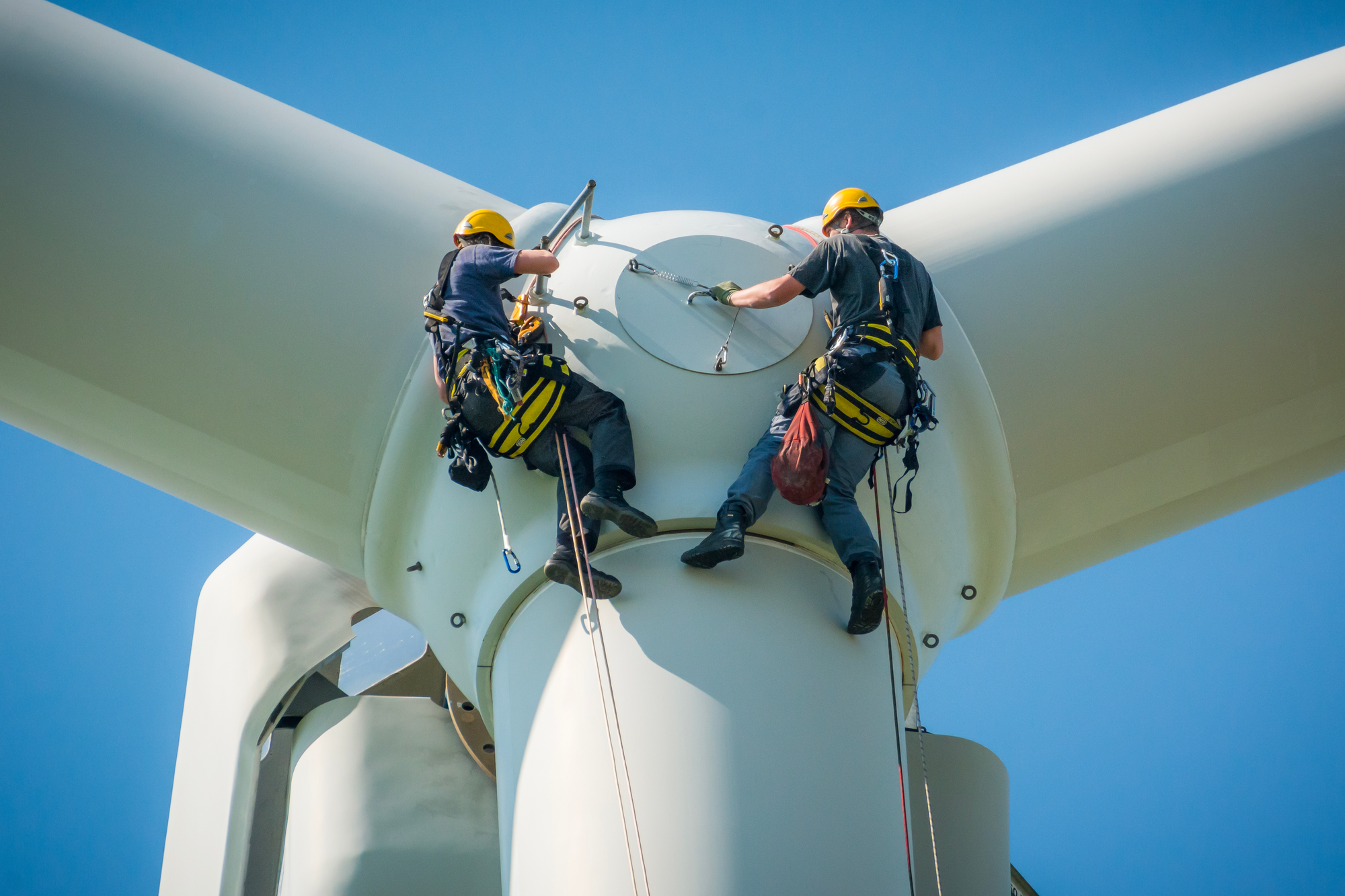 Two individuals and business working on a wind turbine, symbolizing their involvement in the wind energy sector.